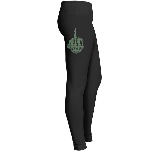 Skeleton Middle Finger Ow Fuck Off Green Skeletal Hand Cartoon Comic Design Funny Artwork Leggings 