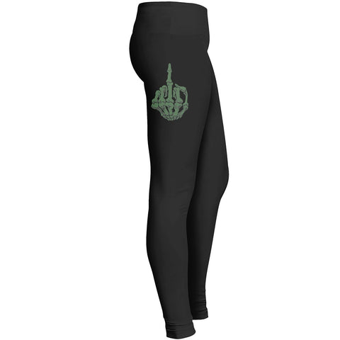 Skeleton Middle Finger Ow Fuck Off Green Skeletal Hand Cartoon Comic Design Funny Artwork Leggings 